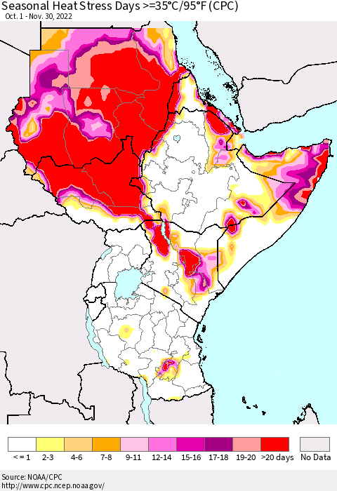 Eastern Africa Seasonal Heat Stress Days >=35°C/95°F (CPC) Thematic Map For 10/1/2022 - 11/30/2022