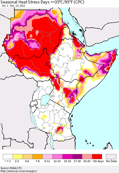 Eastern Africa Seasonal Heat Stress Days >=35°C/95°F (CPC) Thematic Map For 10/1/2022 - 12/10/2022