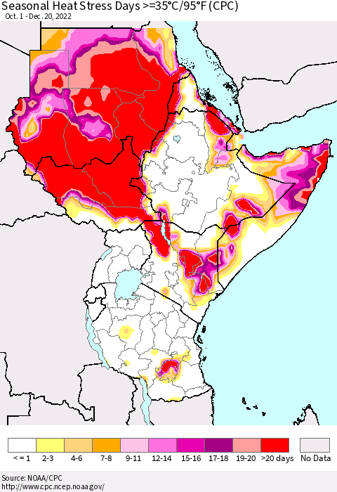 Eastern Africa Seasonal Heat Stress Days >=35°C/95°F (CPC) Thematic Map For 10/1/2022 - 12/20/2022