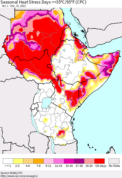 Eastern Africa Seasonal Heat Stress Days >=35°C/95°F (CPC) Thematic Map For 10/1/2022 - 12/31/2022