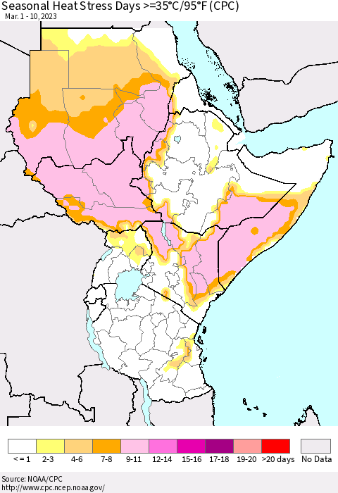 Eastern Africa Seasonal Heat Stress Days >=35°C/95°F (CPC) Thematic Map For 3/1/2023 - 3/10/2023