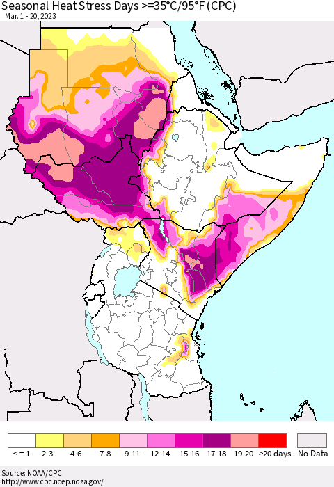 Eastern Africa Seasonal Heat Stress Days >=35°C/95°F (CPC) Thematic Map For 3/1/2023 - 3/20/2023