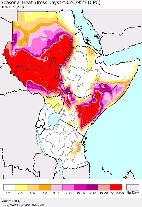 Eastern Africa Seasonal Heat Stress Days >=35°C/95°F (CPC) Thematic Map For 3/1/2023 - 3/31/2023