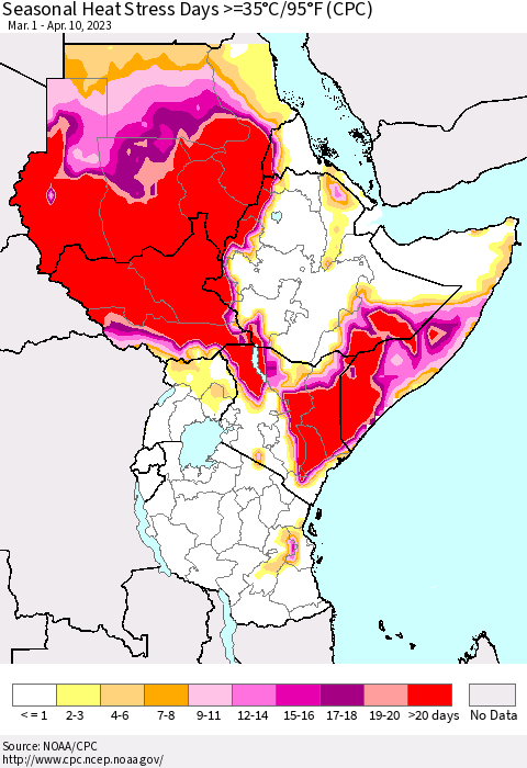 Eastern Africa Seasonal Heat Stress Days >=35°C/95°F (CPC) Thematic Map For 3/1/2023 - 4/10/2023