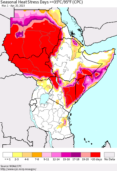 Eastern Africa Seasonal Heat Stress Days >=35°C/95°F (CPC) Thematic Map For 3/1/2023 - 4/20/2023