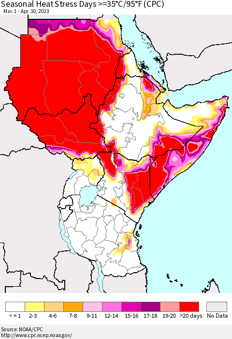 Eastern Africa Seasonal Heat Stress Days >=35°C/95°F (CPC) Thematic Map For 3/1/2023 - 4/30/2023