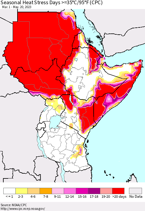 Eastern Africa Seasonal Heat Stress Days >=35°C/95°F (CPC) Thematic Map For 3/1/2023 - 5/20/2023