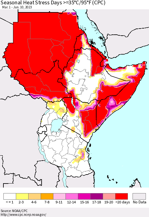 Eastern Africa Seasonal Heat Stress Days >=35°C/95°F (CPC) Thematic Map For 3/1/2023 - 6/10/2023