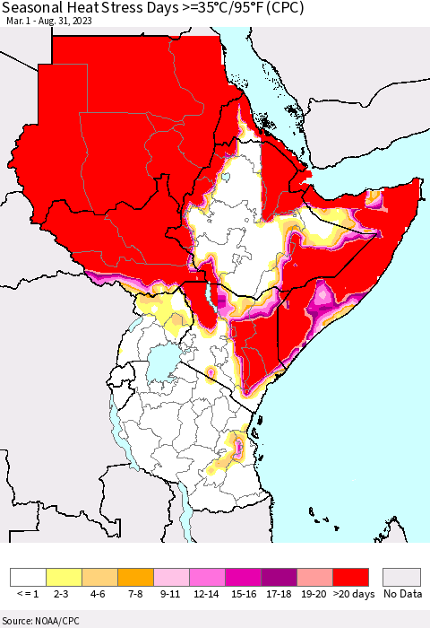 Eastern Africa Seasonal Heat Stress Days >=35°C/95°F (CPC) Thematic Map For 3/1/2023 - 8/31/2023