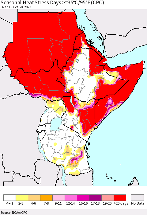 Eastern Africa Seasonal Heat Stress Days >=35°C/95°F (CPC) Thematic Map For 3/1/2023 - 10/20/2023