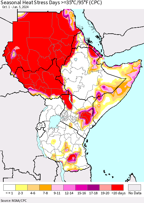 Eastern Africa Seasonal Heat Stress Days >=35°C/95°F (CPC) Thematic Map For 10/1/2023 - 1/5/2024