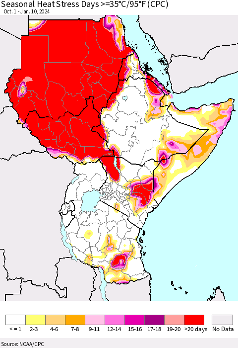 Eastern Africa Seasonal Heat Stress Days >=35°C/95°F (CPC) Thematic Map For 10/1/2023 - 1/10/2024