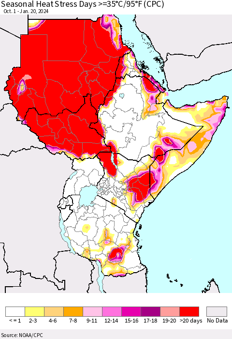 Eastern Africa Seasonal Heat Stress Days >=35°C/95°F (CPC) Thematic Map For 10/1/2023 - 1/20/2024