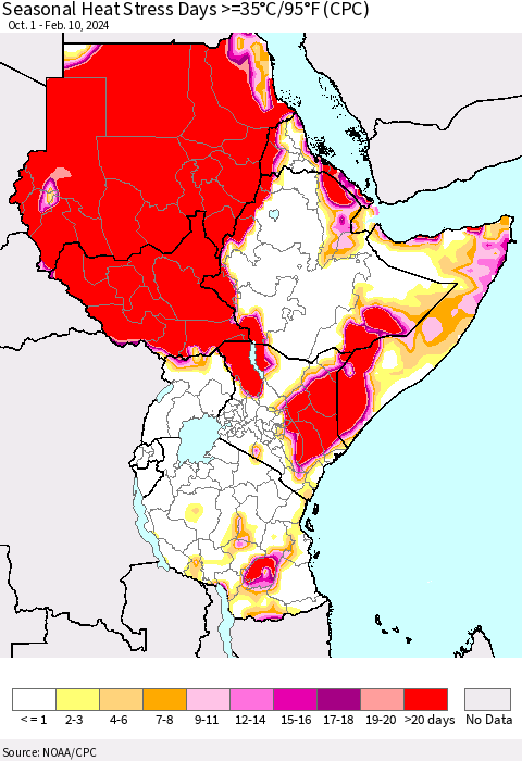 Eastern Africa Seasonal Heat Stress Days >=35°C/95°F (CPC) Thematic Map For 10/1/2023 - 2/10/2024