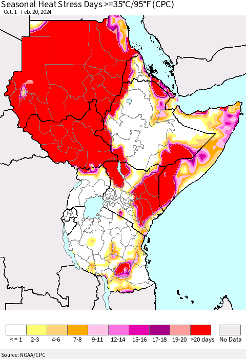 Eastern Africa Seasonal Heat Stress Days >=35°C/95°F (CPC) Thematic Map For 10/1/2023 - 2/20/2024