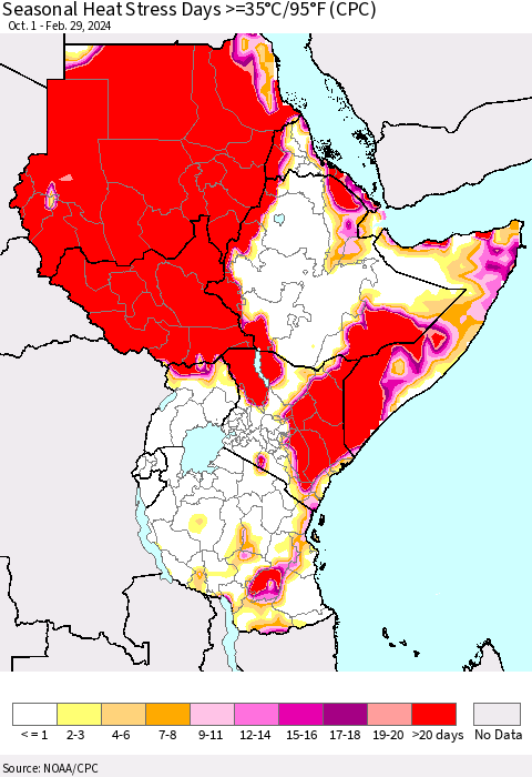 Eastern Africa Seasonal Heat Stress Days >=35°C/95°F (CPC) Thematic Map For 10/1/2023 - 2/29/2024