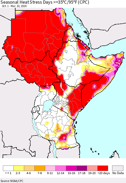 Eastern Africa Seasonal Heat Stress Days >=35°C/95°F (CPC) Thematic Map For 10/1/2023 - 3/10/2024
