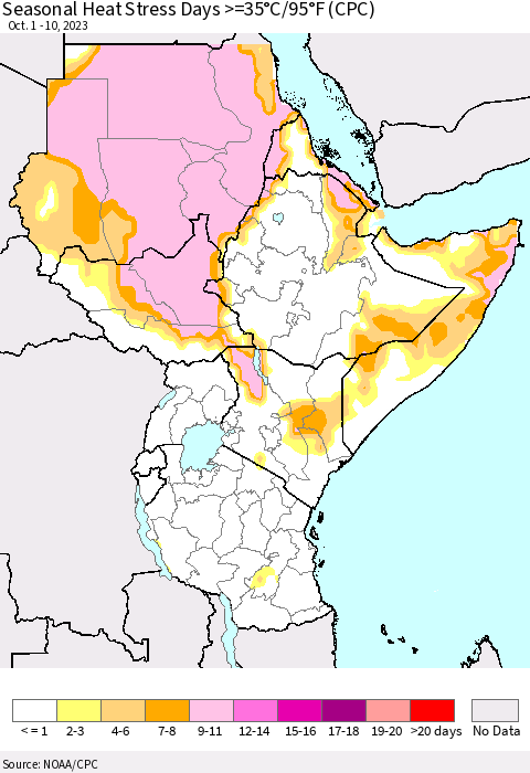 Eastern Africa Seasonal Heat Stress Days >=35°C/95°F (CPC) Thematic Map For 10/1/2023 - 10/10/2023