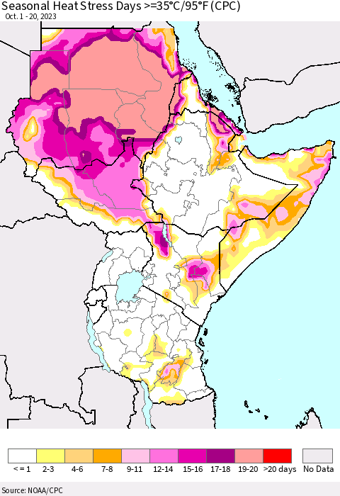 Eastern Africa Seasonal Heat Stress Days >=35°C/95°F (CPC) Thematic Map For 10/1/2023 - 10/20/2023