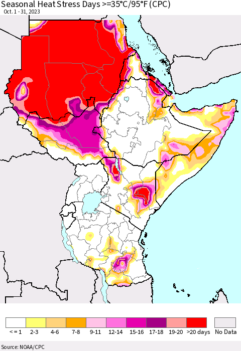 Eastern Africa Seasonal Heat Stress Days >=35°C/95°F (CPC) Thematic Map For 10/1/2023 - 10/31/2023