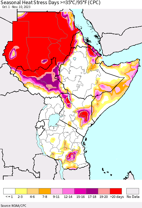 Eastern Africa Seasonal Heat Stress Days >=35°C/95°F (CPC) Thematic Map For 10/1/2023 - 11/10/2023