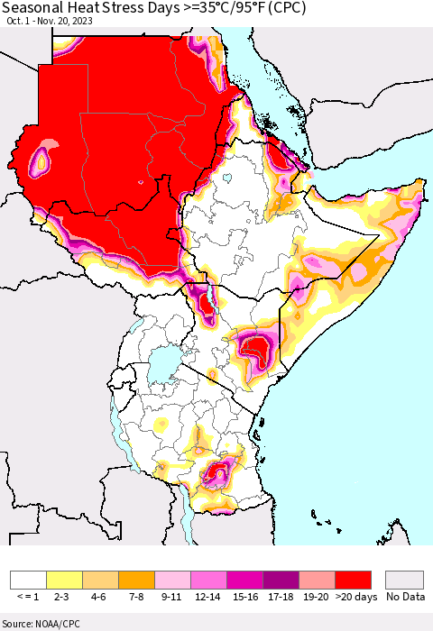 Eastern Africa Seasonal Heat Stress Days >=35°C/95°F (CPC) Thematic Map For 10/1/2023 - 11/20/2023
