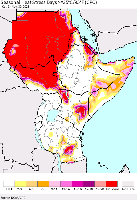 Eastern Africa Seasonal Heat Stress Days >=35°C/95°F (CPC) Thematic Map For 10/1/2023 - 11/30/2023
