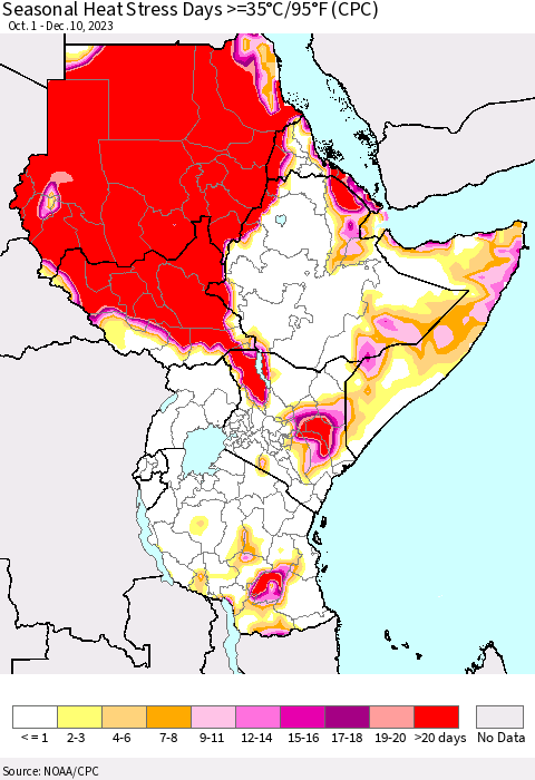 Eastern Africa Seasonal Heat Stress Days >=35°C/95°F (CPC) Thematic Map For 10/1/2023 - 12/10/2023