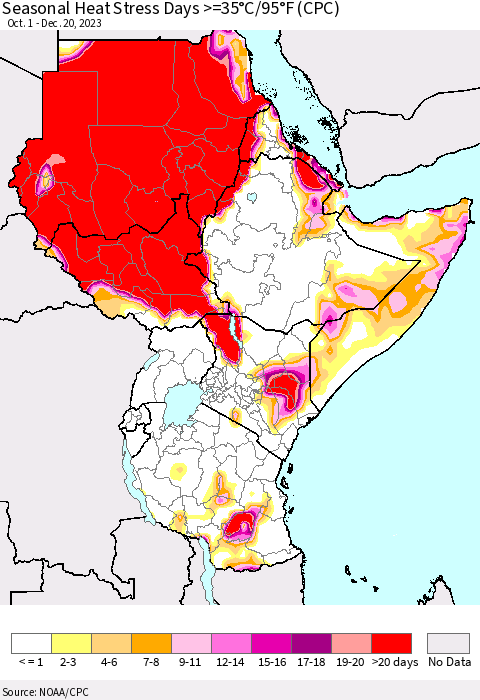 Eastern Africa Seasonal Heat Stress Days >=35°C/95°F (CPC) Thematic Map For 10/1/2023 - 12/20/2023