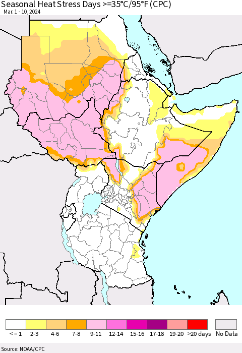 Eastern Africa Seasonal Heat Stress Days >=35°C/95°F (CPC) Thematic Map For 3/1/2024 - 3/10/2024