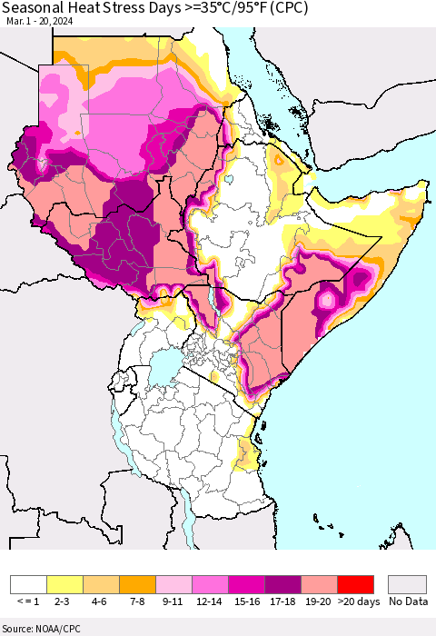 Eastern Africa Seasonal Heat Stress Days >=35°C/95°F (CPC) Thematic Map For 3/1/2024 - 3/20/2024