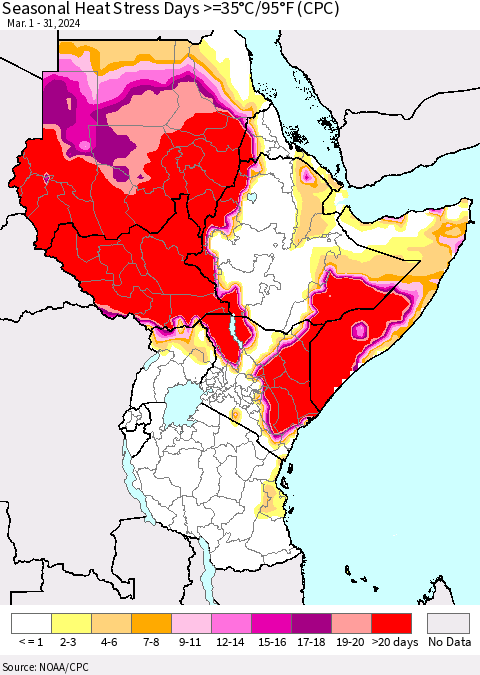 Eastern Africa Seasonal Heat Stress Days >=35°C/95°F (CPC) Thematic Map For 3/1/2024 - 3/31/2024