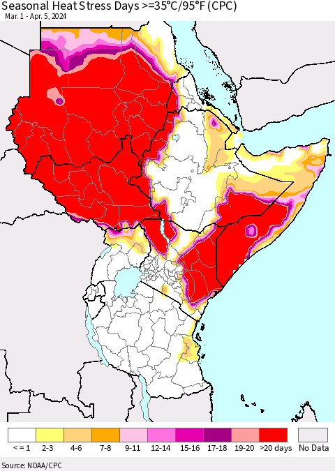 Eastern Africa Seasonal Heat Stress Days >=35°C/95°F (CPC) Thematic Map For 3/1/2024 - 4/5/2024