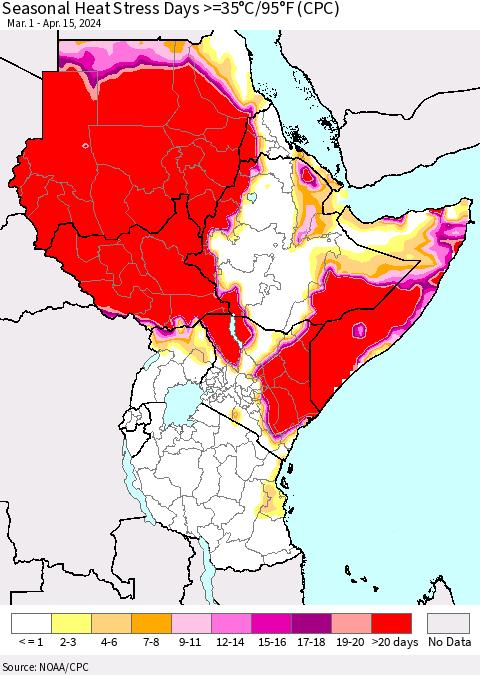 Eastern Africa Seasonal Heat Stress Days >=35°C/95°F (CPC) Thematic Map For 3/1/2024 - 4/15/2024