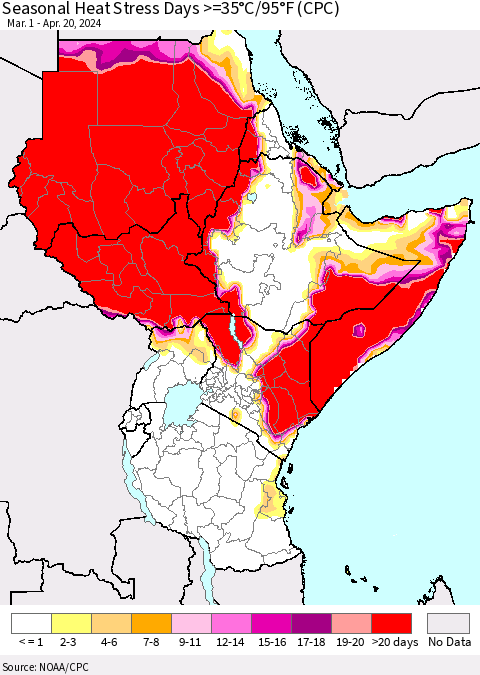 Eastern Africa Seasonal Heat Stress Days >=35°C/95°F (CPC) Thematic Map For 3/1/2024 - 4/20/2024