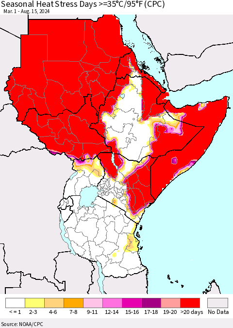 Eastern Africa Seasonal Heat Stress Days >=35°C/95°F (CPC) Thematic Map For 3/1/2024 - 8/15/2024