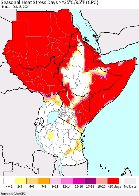 Eastern Africa Seasonal Heat Stress Days >=35°C/95°F (CPC) Thematic Map For 3/1/2024 - 10/15/2024