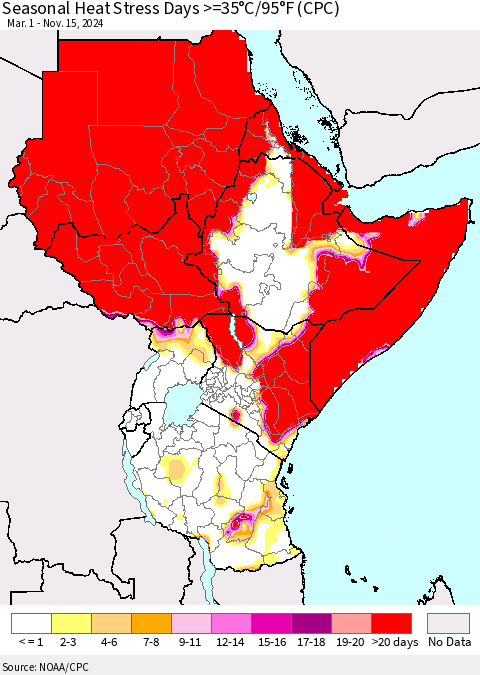 Eastern Africa Seasonal Heat Stress Days >=35°C/95°F (CPC) Thematic Map For 3/1/2024 - 11/15/2024