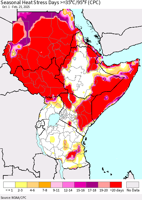 Eastern Africa Seasonal Heat Stress Days >=35°C/95°F (CPC) Thematic Map For 10/1/2024 - 2/25/2025
