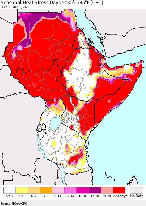 Eastern Africa Seasonal Heat Stress Days >=35°C/95°F (CPC) Thematic Map For 10/1/2024 - 3/5/2025