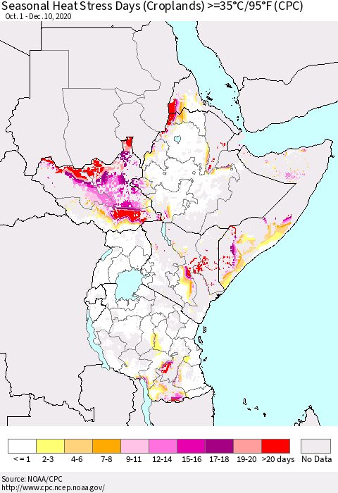 Eastern Africa Seasonal Heat Stress Days (Croplands) >=35°C/95°F (CPC) Thematic Map For 10/1/2020 - 12/10/2020