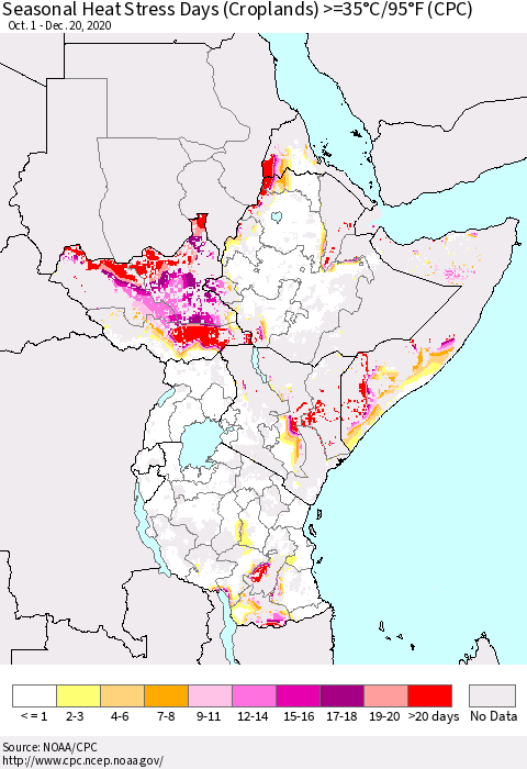 Eastern Africa Seasonal Heat Stress Days (Croplands) >=35°C/95°F (CPC) Thematic Map For 10/1/2020 - 12/20/2020