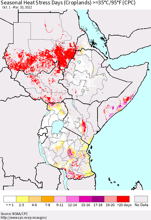 Eastern Africa Seasonal Heat Stress Days (Croplands) >=35°C/95°F (CPC) Thematic Map For 10/1/2021 - 3/10/2022