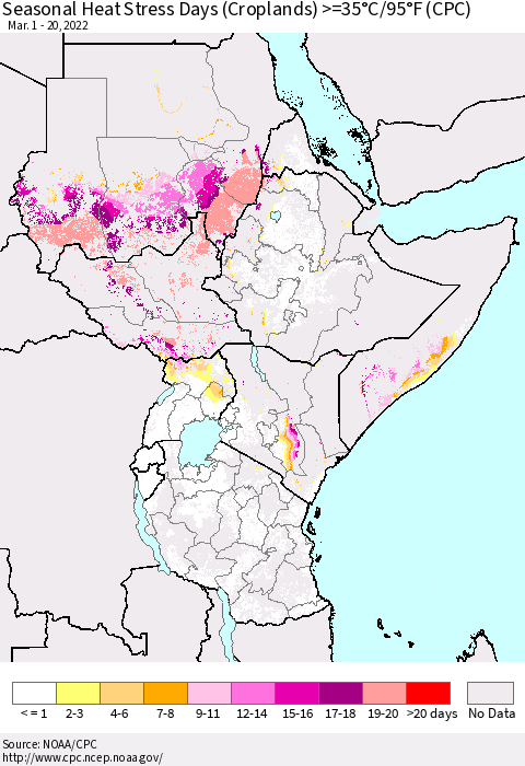 Eastern Africa Seasonal Heat Stress Days (Croplands) >=35°C/95°F (CPC) Thematic Map For 3/1/2022 - 3/20/2022