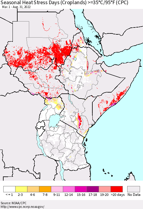 Eastern Africa Seasonal Heat Stress Days (Croplands) >=35°C/95°F (CPC) Thematic Map For 3/1/2022 - 8/31/2022