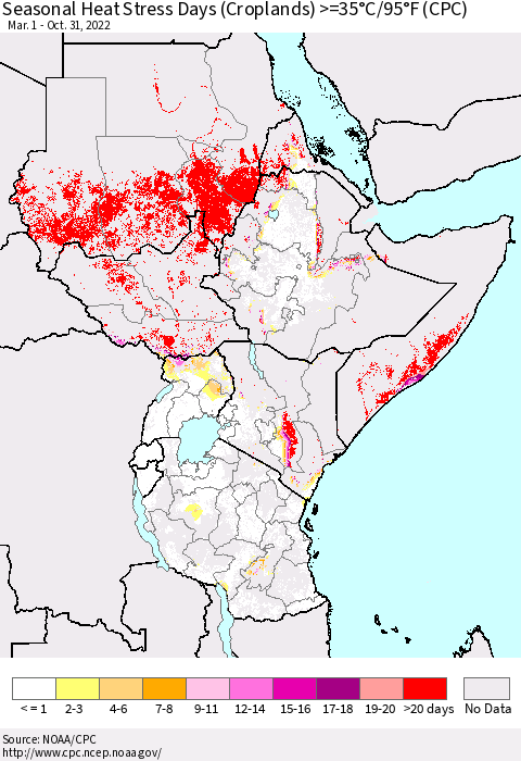 Eastern Africa Seasonal Heat Stress Days (Croplands) >=35°C/95°F (CPC) Thematic Map For 3/1/2022 - 10/31/2022