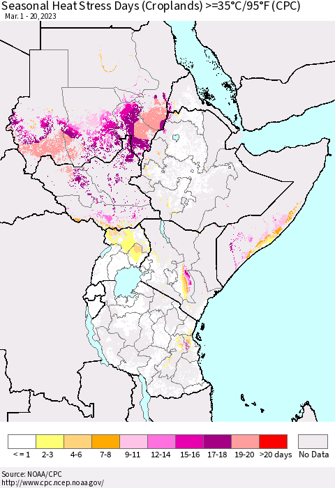 Eastern Africa Seasonal Heat Stress Days (Croplands) >=35°C/95°F (CPC) Thematic Map For 3/1/2023 - 3/20/2023