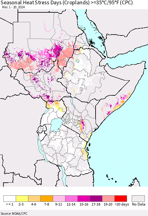 Eastern Africa Seasonal Heat Stress Days (Croplands) >=35°C/95°F (CPC) Thematic Map For 3/1/2024 - 3/20/2024