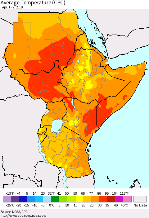 Eastern Africa Average Temperature (CPC) Thematic Map For 4/1/2019 - 4/7/2019
