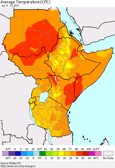 Eastern Africa Average Temperature (CPC) Thematic Map For 4/8/2019 - 4/14/2019